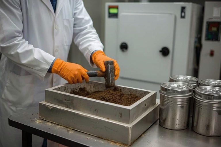 Técnico realizando ensaio de compactação de solo em laboratório